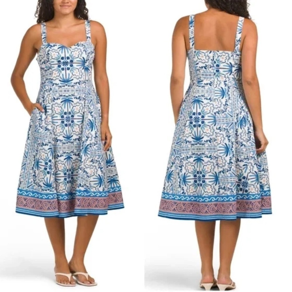 Avec Les Filles Blue Palm Tile Sweetheart Neckline Midi Dress